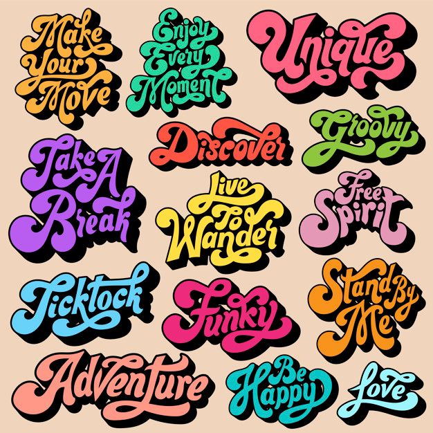 some type of stickers that are in different colors and font styles on a white background