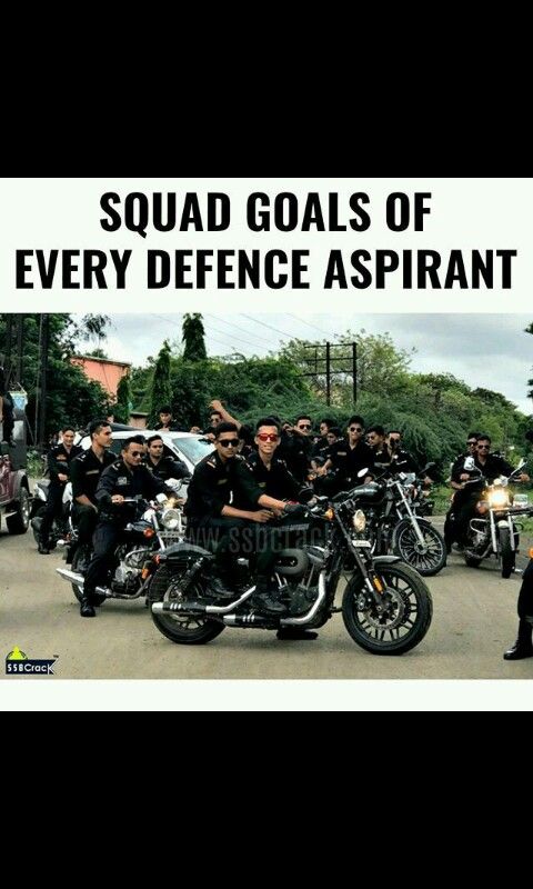 a group of men riding motorcycles down a street next to each other with the words squad goals of every defence aspirant