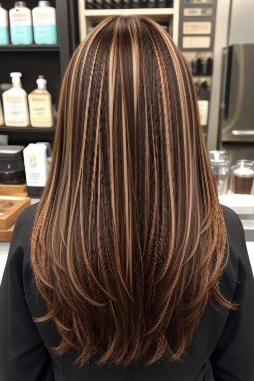 hair color ideas | hairstyles Highlights And Low Lights On Brown Hair, Hair Streaking Ideas Highlights, Striped Highlights Hair Dark Brown, Darker Hair Color Ideas Balayage, Hair Foils Highlights, Chestnut Hair Color With Highlights, Caramel And Blonde Highlights Brown Hair, Dyed Straight Hair, Tamil Drawing