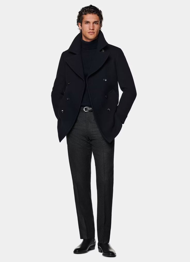 Navy Peacoat in Pure Wool | SUITSUPPLY US Business Double-breasted Pea Coat With Concealed Placket, Modern Pea Coat With Hidden Button Closure For Work, Winter Business Double-breasted Peacoat, Double-breasted Winter Peacoat For Business, Business Winter Double-breasted Peacoat, Wool Double-breasted Outerwear For Semi-formal Occasions, Navy Double-breasted Business Peacoat, Double-breasted Business Pea Coat With Concealed Placket, Modern Long Sleeve Pea Coat For Business