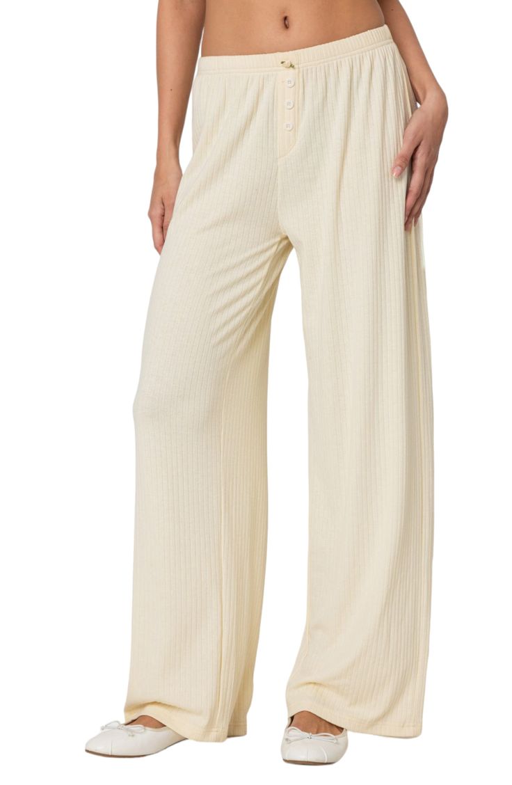 Feel the comfort of these cozy pants cut from lightweight rib and updated with wide legs. Elastic waist 45% cotton, 45% polyester, 10% spandex Machine wash, dry flat Imported Pointelle Pants, Actor Dr, Pointelle Fabric, Loungewear Pants, Visionary Fashion, Cozy Pants, Yellow Fits, Swimwear Dress, Flower Detail