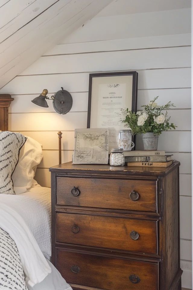 a bed room with a neatly made bed and a night stand on top of it