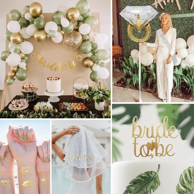 the collage shows different types of wedding decorations, including balloons and cake toppers