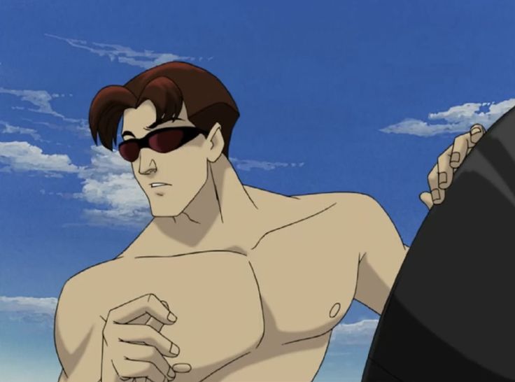 a man with no shirt and sunglasses standing next to another man in the sky holding his hand out