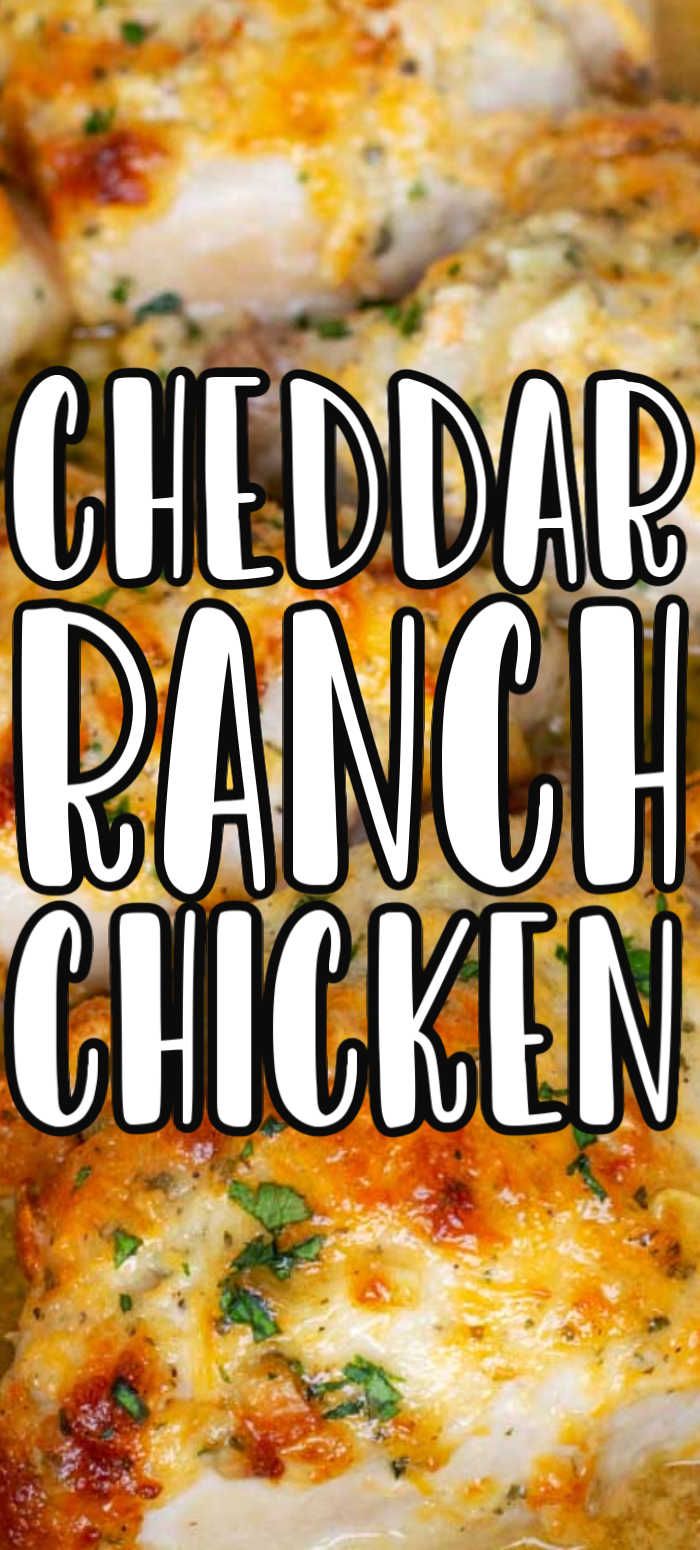 cheddar ranch chicken in a pan with the title overlay