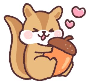 a drawing of a squirrel holding a piece of bread with hearts floating around it's eyes