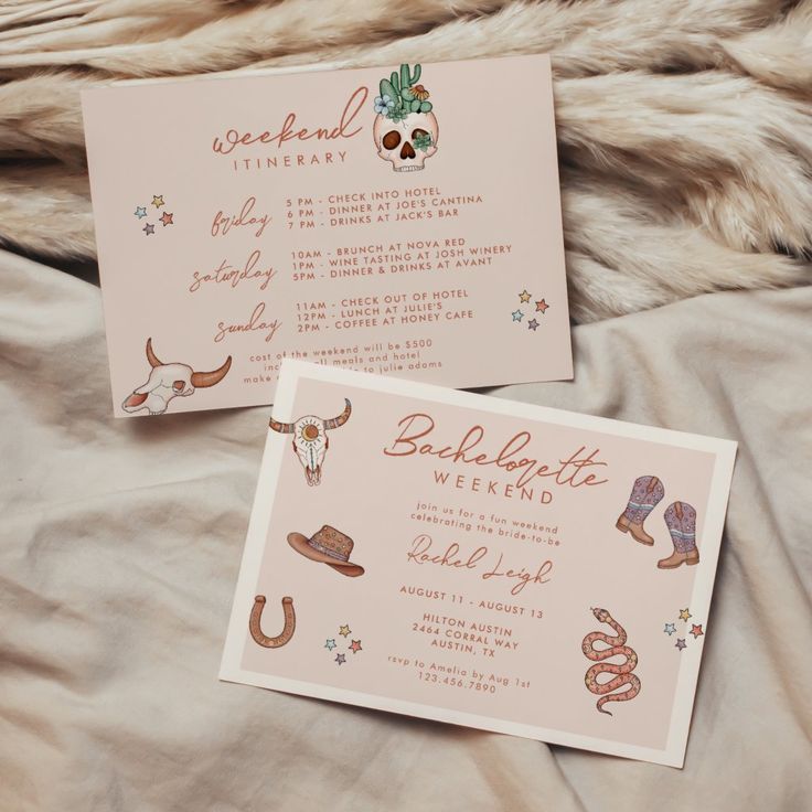 two pink wedding cards with cowboy themed designs on them