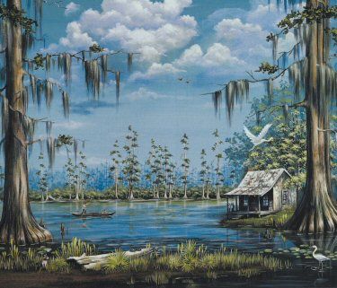 a painting of a swampy lake with trees and a hut in the middle, surrounded by clouds