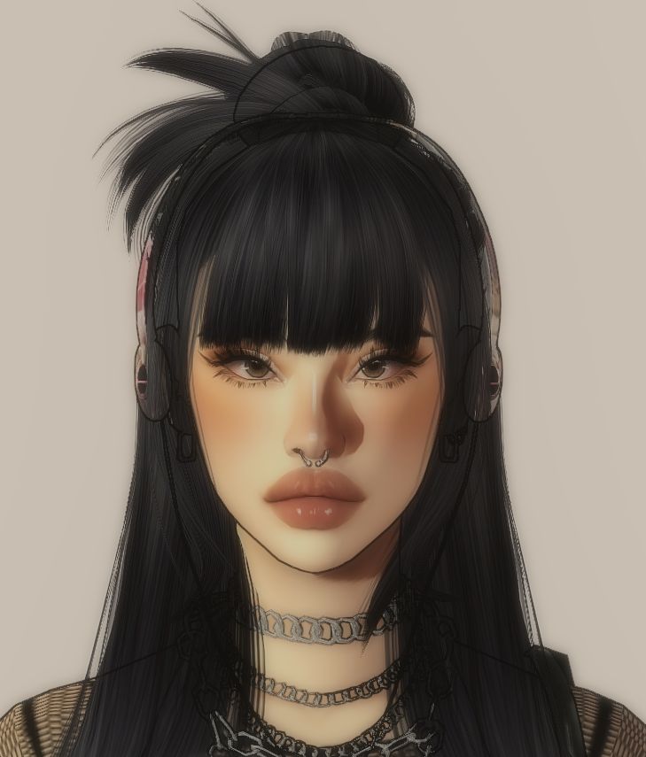 a drawing of a woman with black hair and piercings