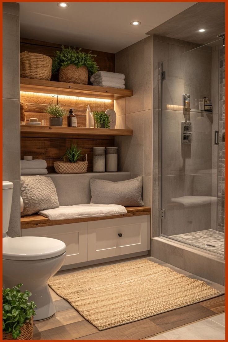 a bathroom with a toilet, sink and shower stall in the corner next to a shelf filled with potted plants