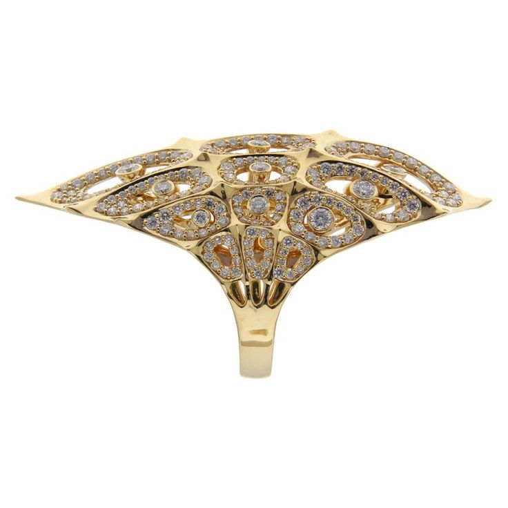 18K Gold Morphogen Shield Ring by John Brevard | From a unique collection of vintage Dome Rings at https://www.1stdibs.com/jewelry/rings/dome-rings/. Exquisite Hand Set Gold Rings, Designer Diamond Rings With Gemstones, Luxury Marquise Gold Diamond Ring, Luxury Gold Marquise Diamond Ring, Luxury Gold Diamond Ring For Formal Occasions, Exquisite Yellow Gold Rings For Evening, Exquisite Gold Rings For Evening, Designer Yellow Gold Jewelry For Evening, Luxury Silver-toned Gold-plated Diamond Ring