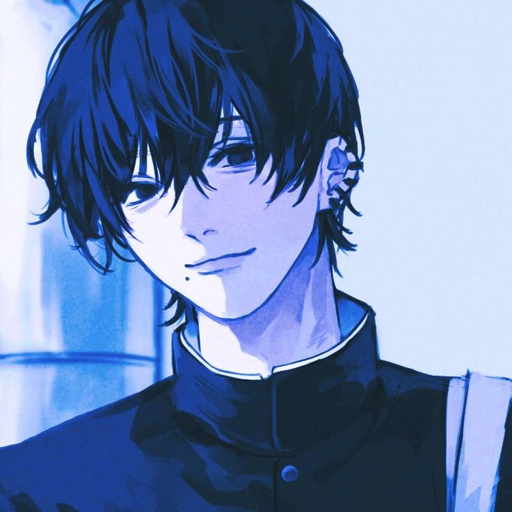 an anime character with black hair and blue eyes looking at the camera while wearing a black shirt