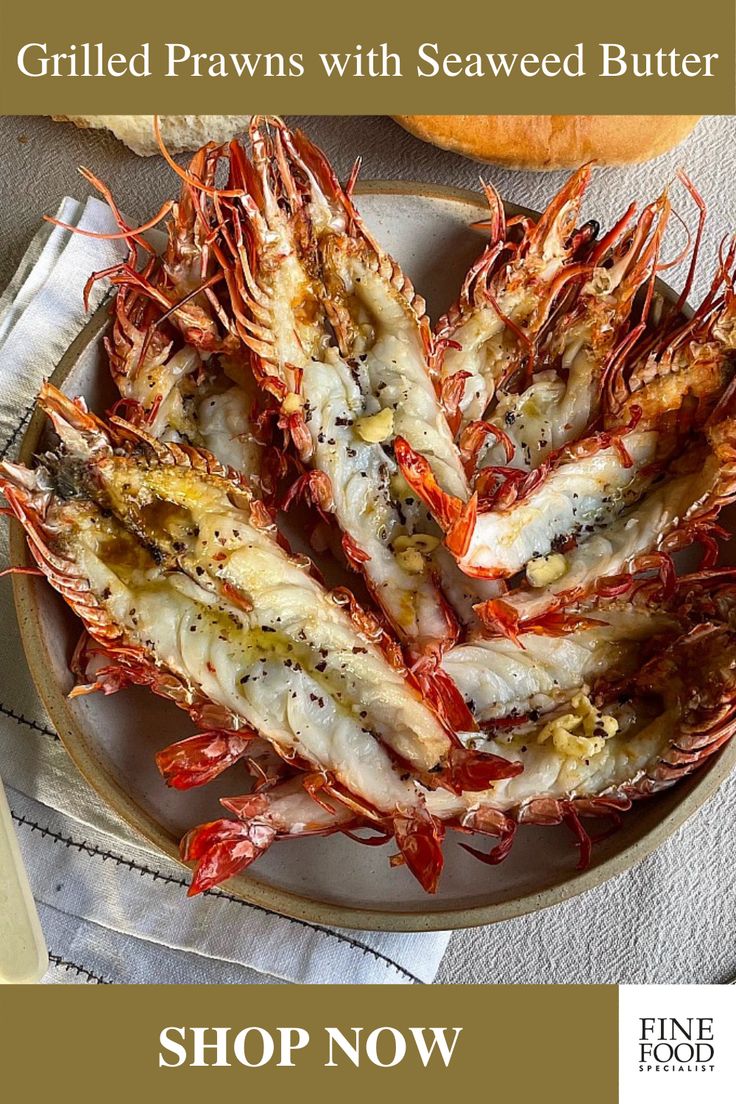 grilled praws with seaweed butter on a plate