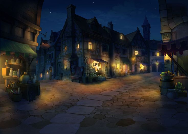 an animated city street at night with lots of lights on the buildings and cobblestones