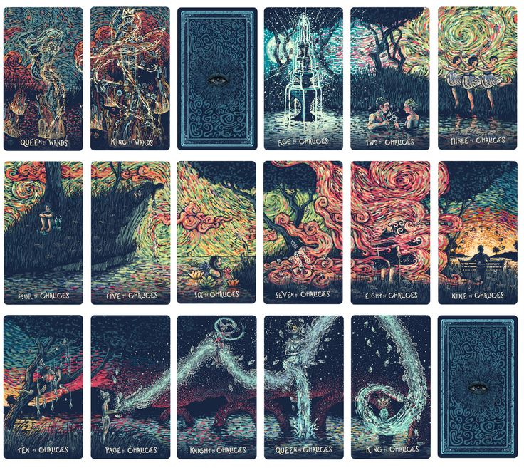 nine taroti cards with different designs and colors on the front, one has an image of a tree