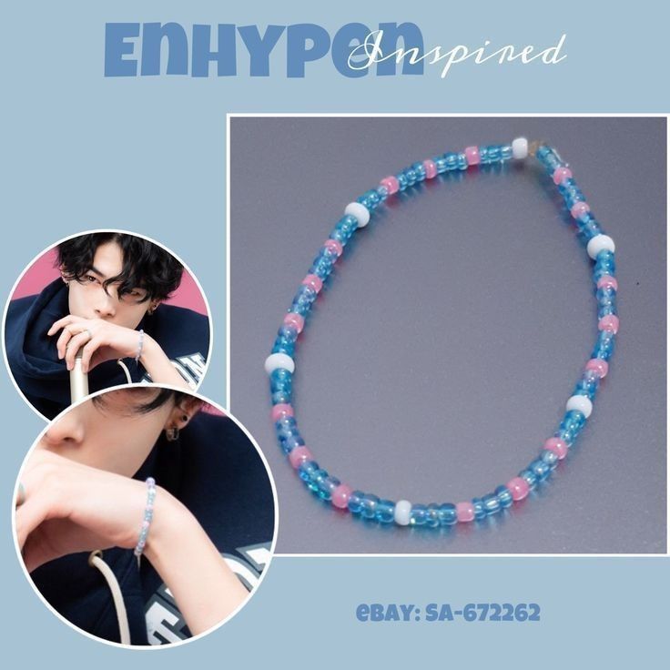 an image of a blue and pink beaded necklace with two pictures of the same woman