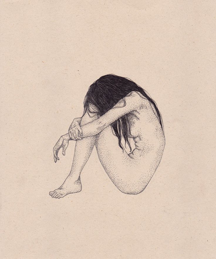 a drawing of a woman sitting on the ground with her head down and hands behind her back