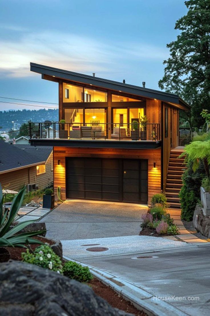 a large house with lots of windows and lights on it's sides, in the evening