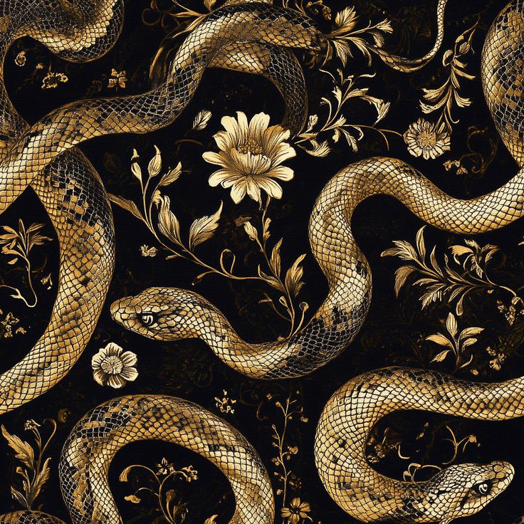 a black and gold snake wallpaper with flowers