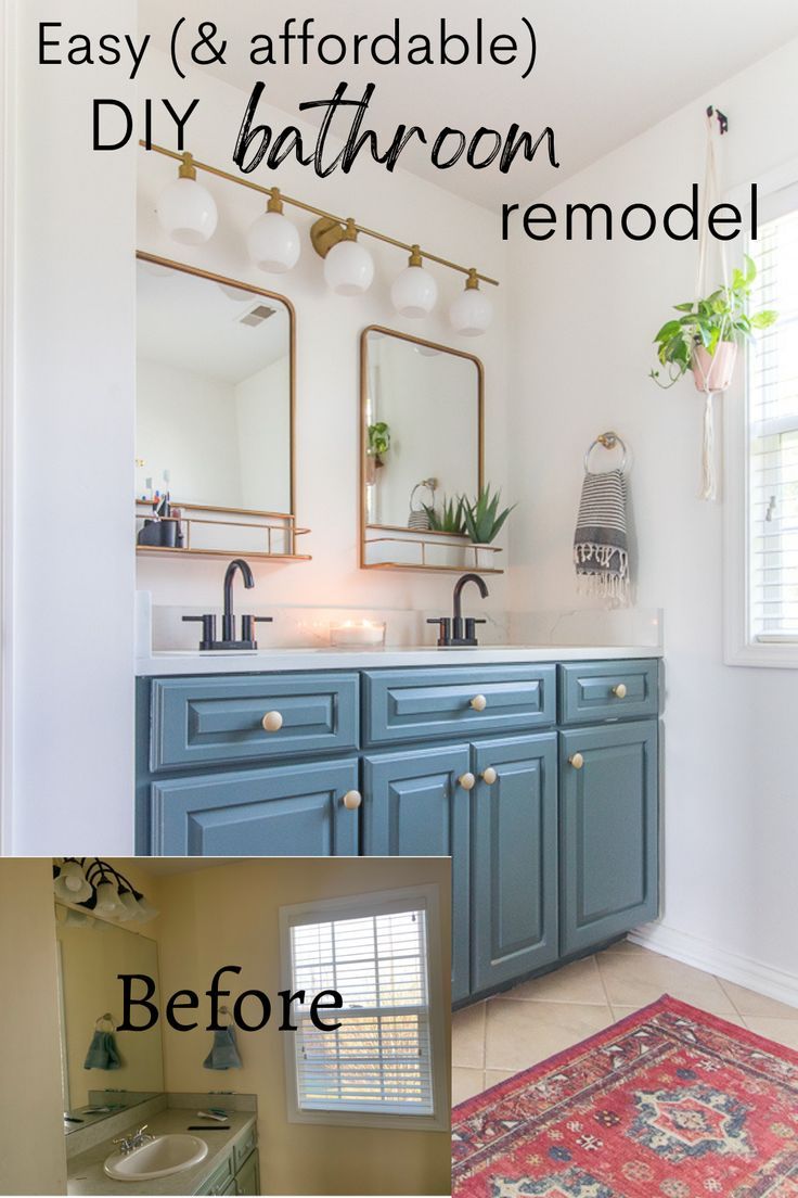 before and after photos of bathroom remodel with blue cabinets, white walls and rug