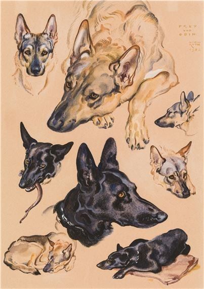 a painting of dogs laying down on the ground with their heads turned to look like they are looking at something