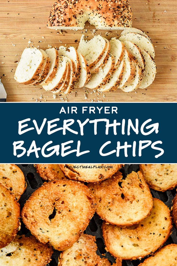 air fryer everything bagel chips on a cutting board with the title above it