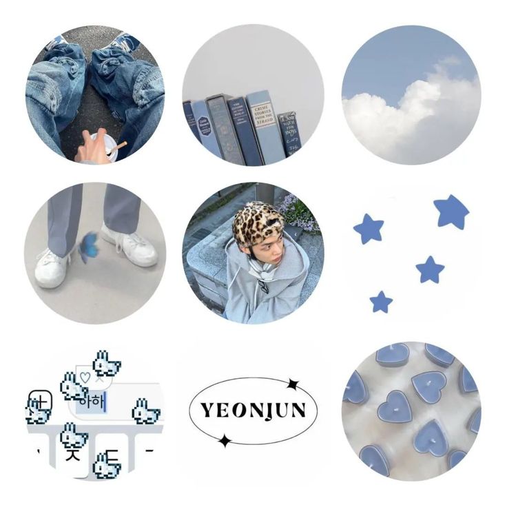 a collage of blue and white images with clouds, stars, and people's feet