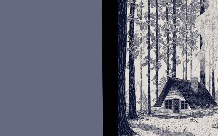 a drawing of a cabin in the woods