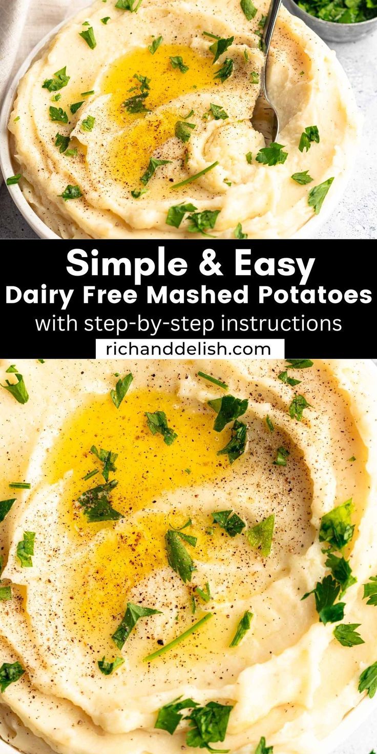 two bowls filled with mashed potatoes and topped with parsley