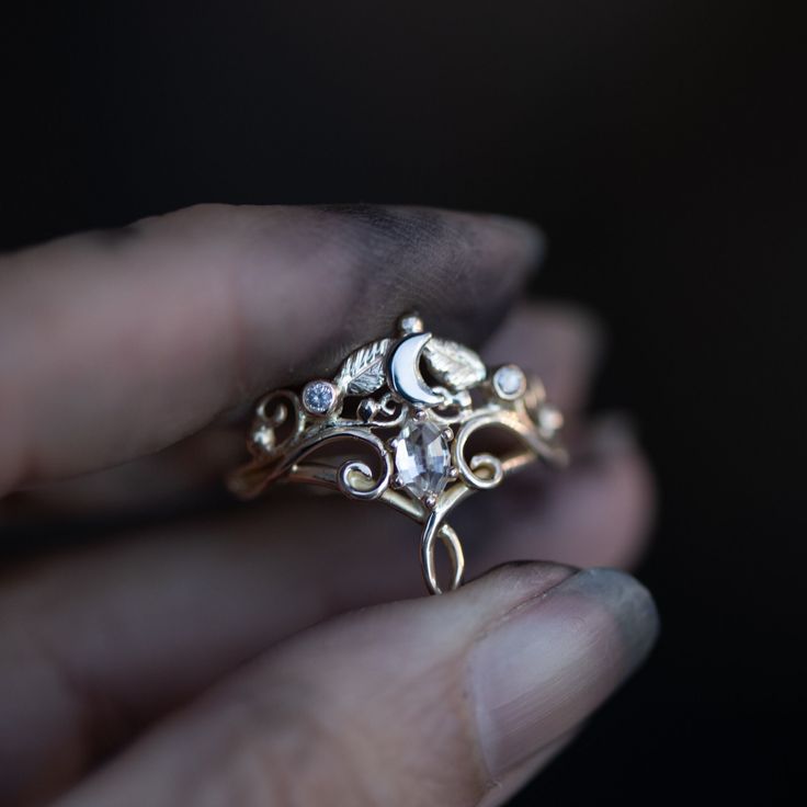 Crescent Moon Engagement Ring, Funky Engagement Rings Unique, Elven Engagement Ring, Cottagecore Wedding Ring, Witchy Engagement Ring, Elvish Tiara, Fairy Engagement Ring, Celestial Engagement Ring, Whimsical Engagement Ring