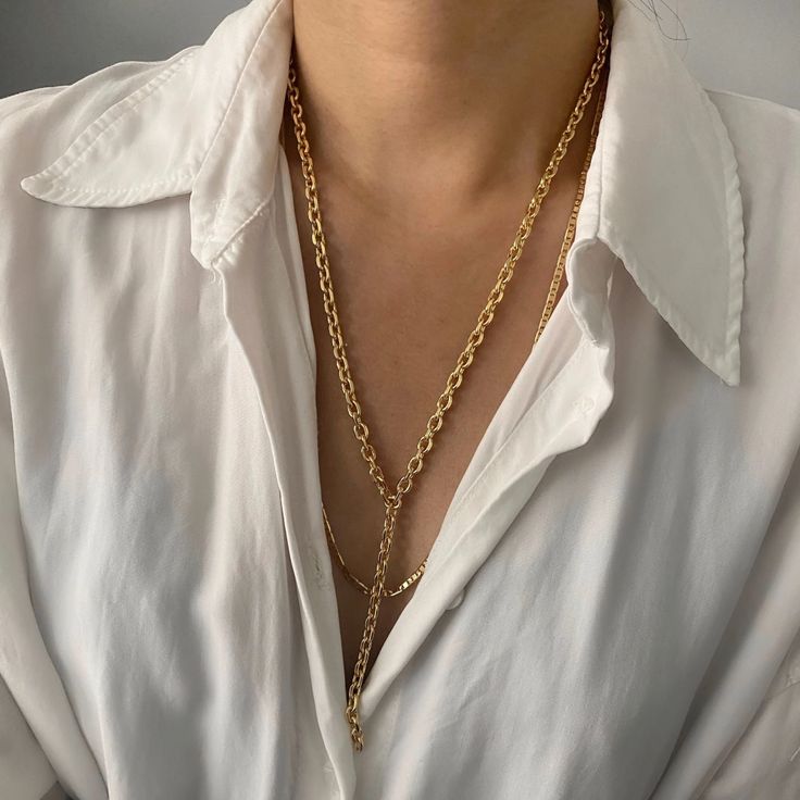 18K Gold Chain Lariat Necklace Chunky Chain Y Necklace - Etsy Y Necklace Gold, Long Drop Necklace, Necklace Outfit, Lion Necklace, 18k Gold Chain, Long Silver Necklace, Y Necklace, Gold Long Necklace, Necklace Chunky