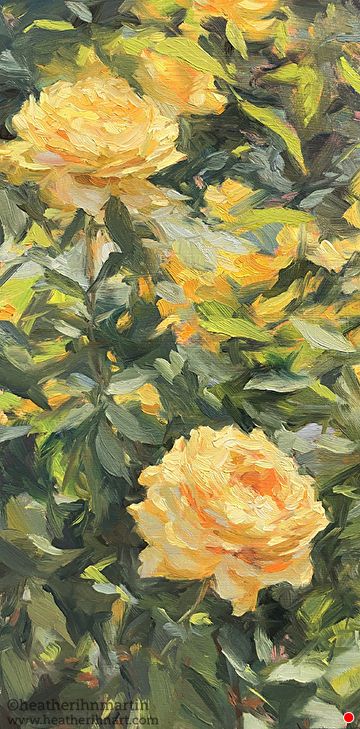 an oil painting of yellow roses in bloom