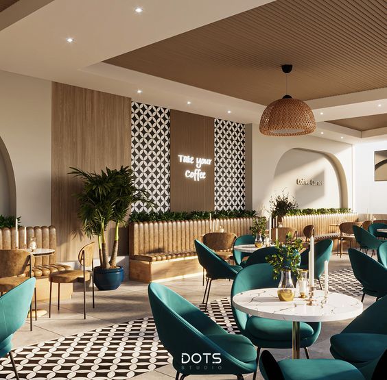 the interior of a restaurant with blue and white chairs, tables and potted plants