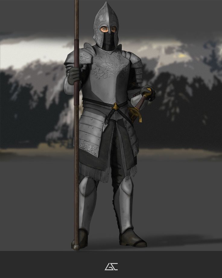 a man dressed in armor and holding a stick with mountains in the distance behind him