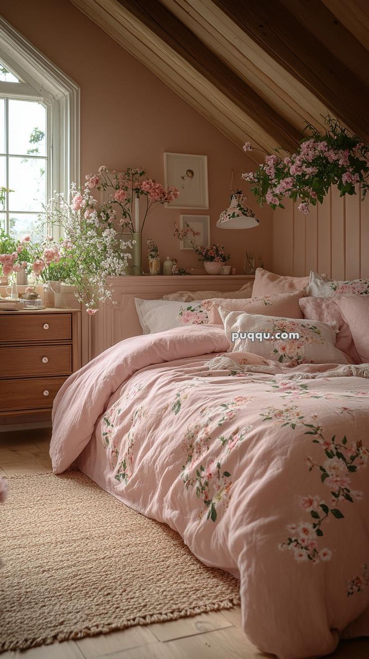 a bed with pink comforters and pillows in a room next to a window filled with flowers