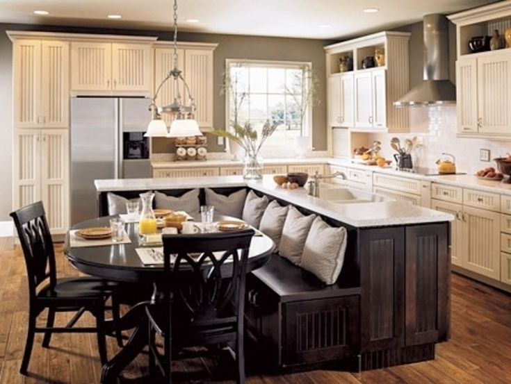 a large kitchen with an island in the middle and chairs at the table around it