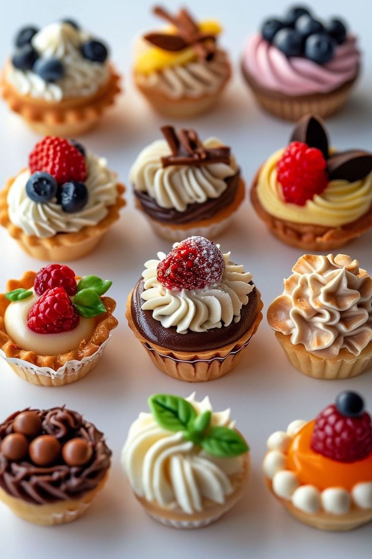 there are many small cupcakes with different toppings on top of each one