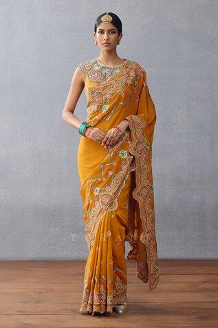 Yellow floral print padded blouse with sequin and resham embroidery in slub silk base. - Aza Fashions Fitted Cotton Silk Pre-draped Saree, Floral Embroidered Pre-draped Art Silk Saree, Festival Floral Embroidery Pre-draped Saree, Transitional Floral Embroidered Pre-draped Saree, Unstitched Chinon Blouse, Yellow Chinon Pre-draped Saree, Fitted Embroidered Pre-draped Saree For Transitional Season, Festive Pre-draped Embroidered Saree, Yellow Embroidered Fitted Pre-draped Saree