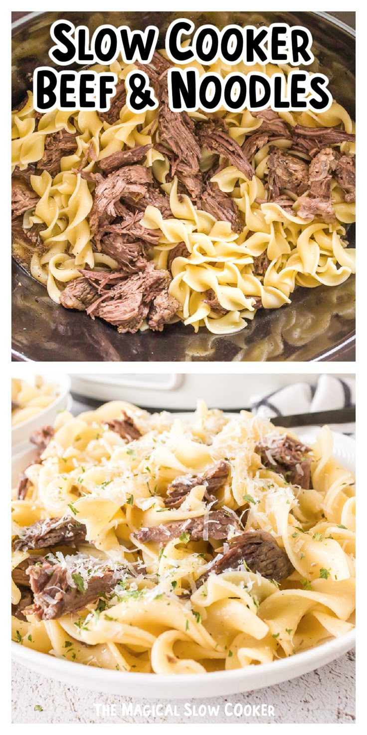 slow cooker beef and noodles in a skillet with the words slow cooker beef and noodles