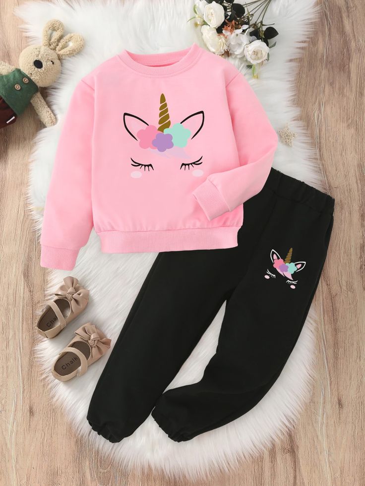 Young Girl Cartoon Graphic Sweatshirt & Sweatpants Multicolor Casual  Long Sleeve Fabric Cartoon,Colorblock  Slight Stretch Spring/Fall Young Girls Clothing, size features are:Bust: ,Length: ,Sleeve Length: Girls Cartoon, Unicorn Print, Super Cute Dresses, Toddler Girl Outfits, Casual Girl, Kids Sweatshirt, Girls Clothing