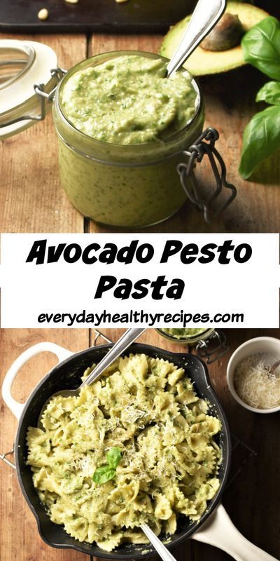 avocado pesto pasta in a cast iron skillet with spoons on the side