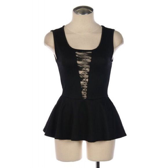 Brand New! Sleeveless Knit Peplum Top Features A Semi-Sheer Lace Panel In Front. Poly/Rayon/Spandex Fitted Black Sleeveless Tank Top, Casual Lace Top Tank Top For Party, Fitted Black Lace Tank Top, Fitted Black Tank Top With Lace Detail, Casual Party Tank Top With Lace, Black Stretch Lace Top Tank Top, Black Stretch Lace Tank Top, Stretch Black Lace Tank Top, Stretch Black Tank Top With Lace Detail