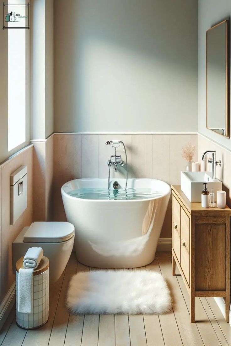 a white bath tub sitting in a bathroom next to a toilet and sink on top of a hard wood floor