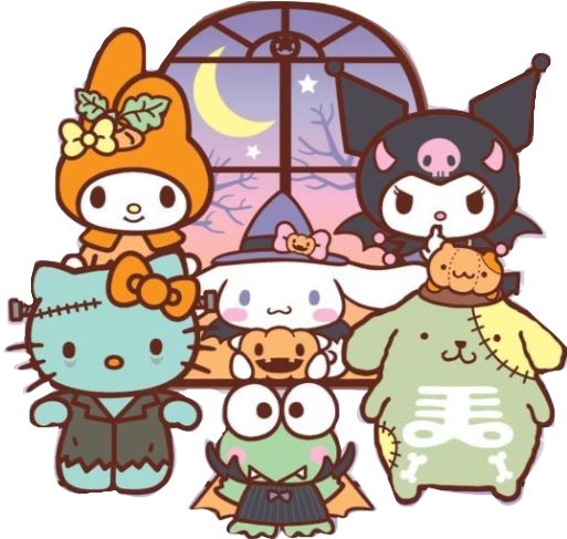 an image of hello kitty and other characters in front of a window with halloween decorations