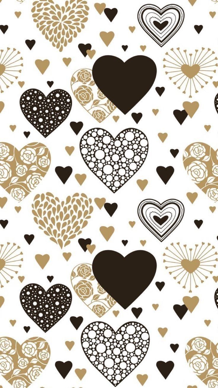 many different hearts on a white background with gold and black accents, all in the same pattern