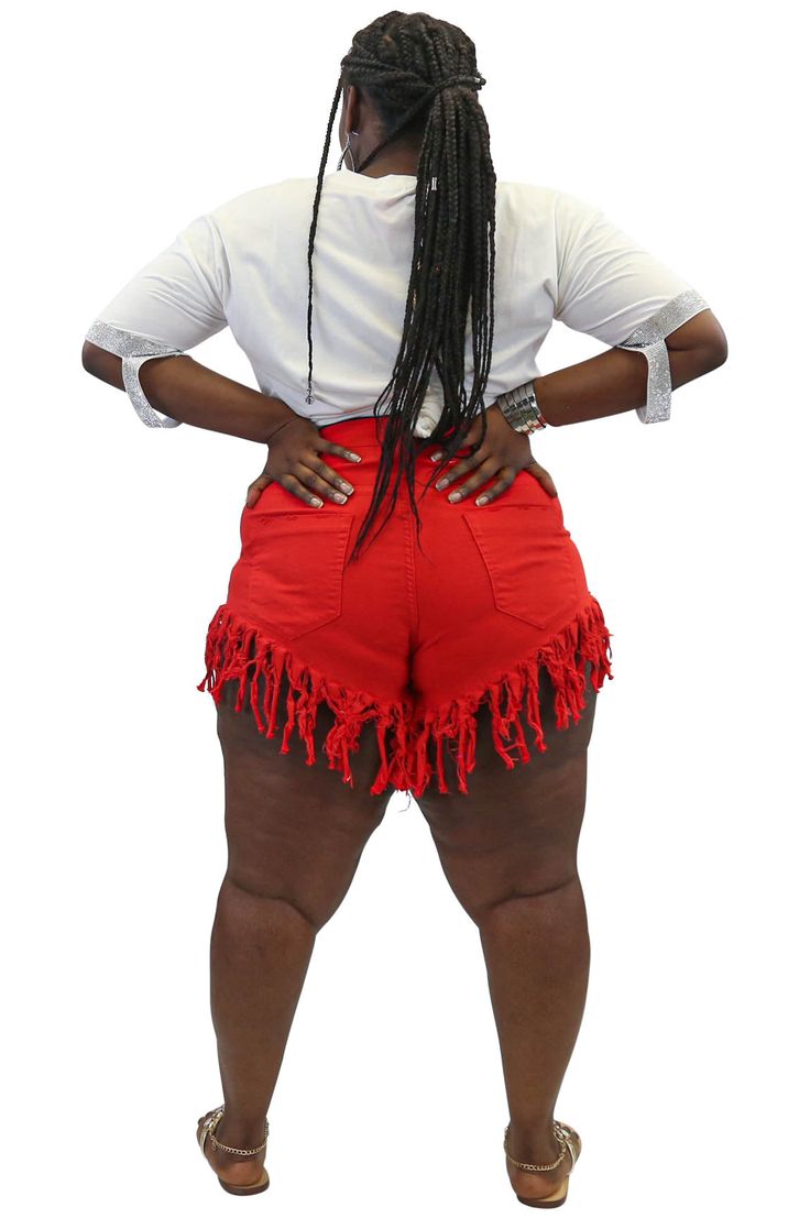 Denim shorts with Fringe bottom throughout front button and back pockets Red Cotton Shorts For Festivals, Cotton Red Shorts For Festival, Red Cotton Festival Shorts, High Waist Bottoms With Frayed Hem For Festival, Red Short Length Bottoms For Festival, Trendy Red Jean Shorts For Summer, Red Short-length Bottoms For Festival, Cotton Jean Shorts For Festivals, Trendy Red Cotton Shorts