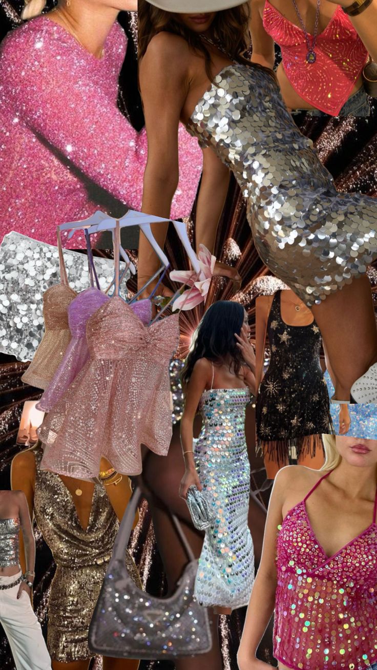 the collage shows many different types of dresses and hats with sequins on them