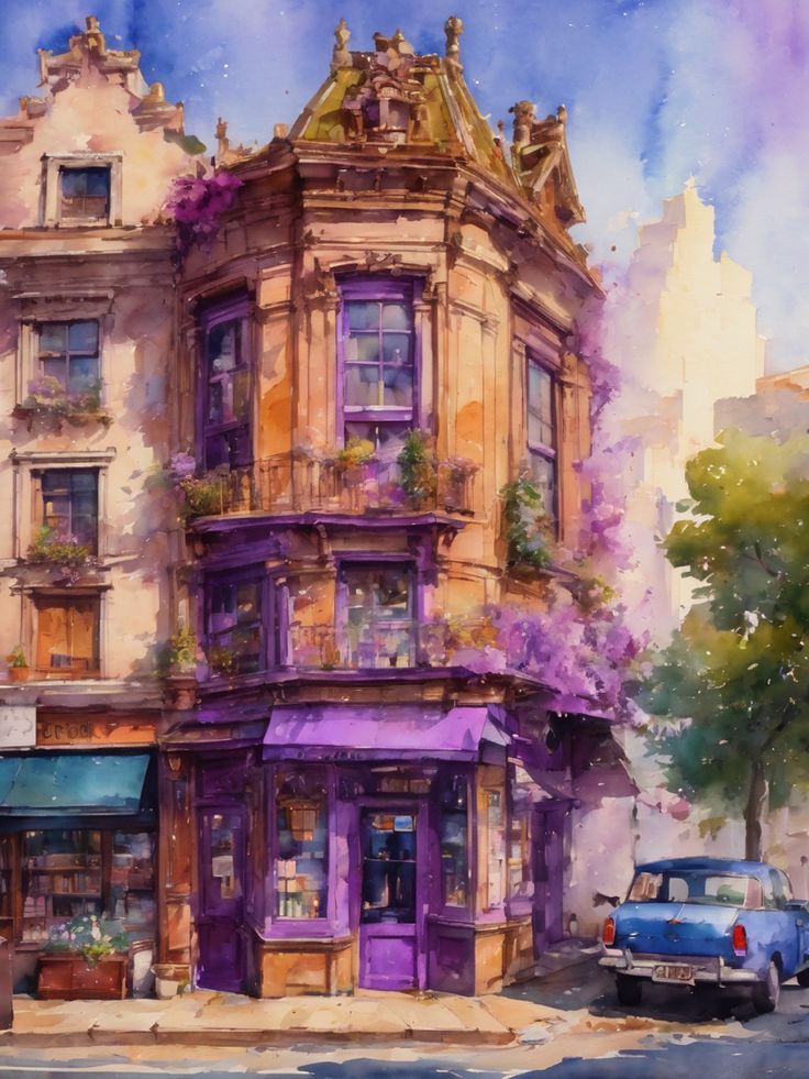 Cute vintage roadside bookstore ,purple color scheme, AI art, Watercolor painting, landscape art, wattpad Library Purple Aesthetic, Bookstore Watercolor Painting, Library Watercolor Painting, Library Aesthetic Drawing, Purple Library Aesthetic, Bookshop Painting, Bookstore Drawing, Fantasy Bookstore, Bookstore Painting