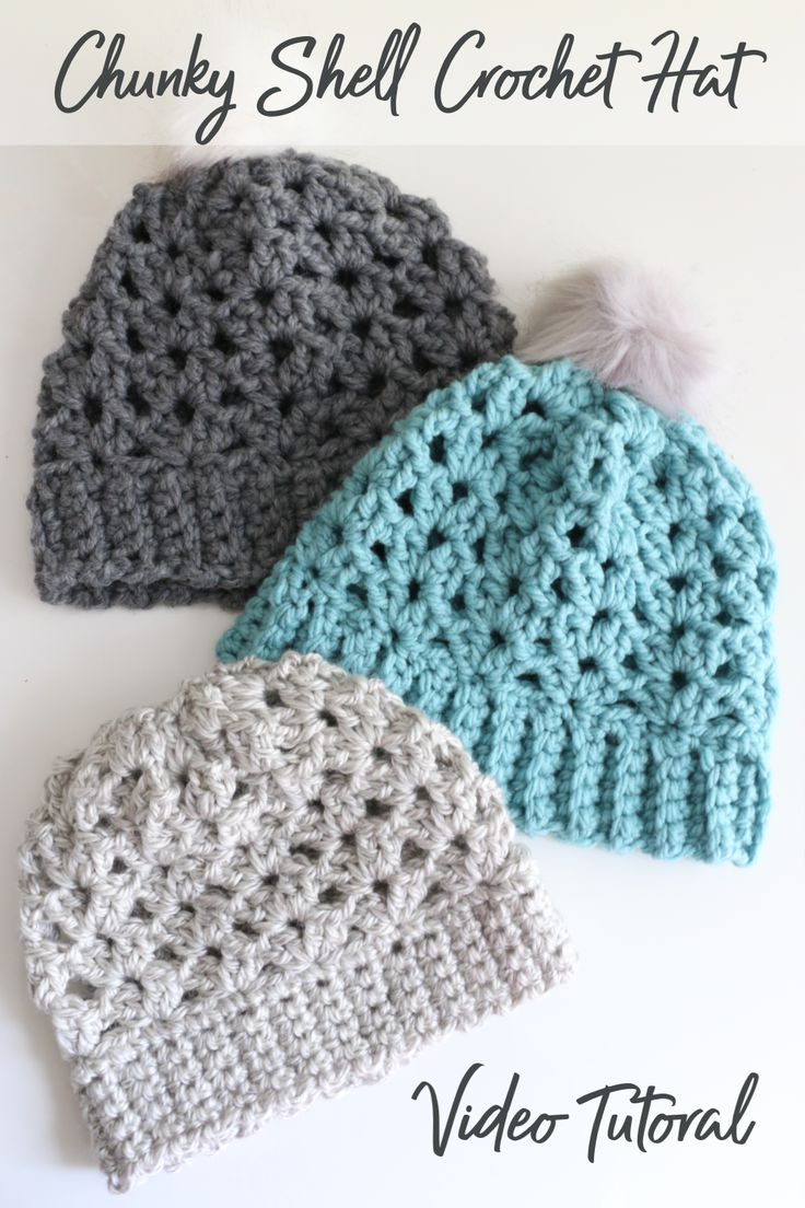 three crocheted hats are shown with the text chunk shell crochet hat