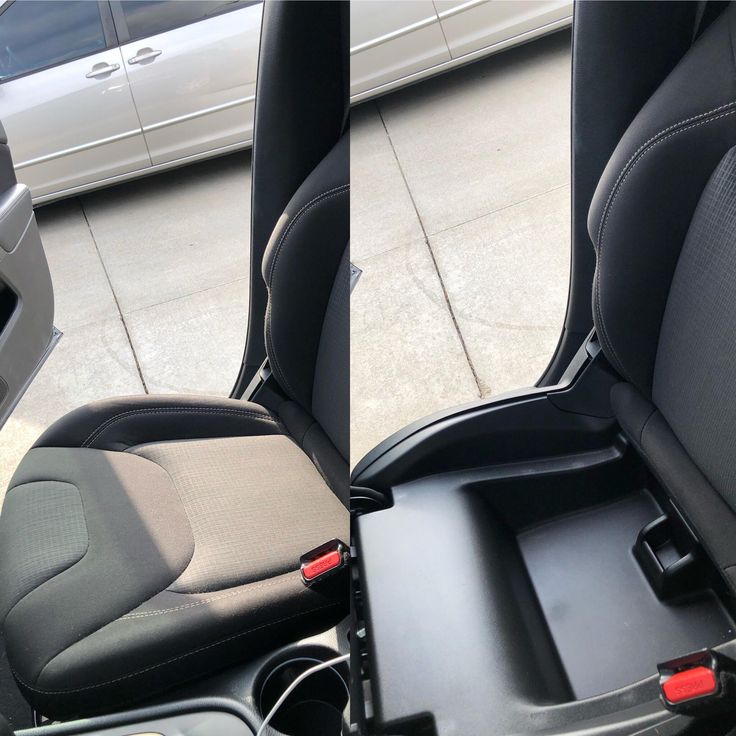 two pictures of the inside of a car with seats folded down and no one in it